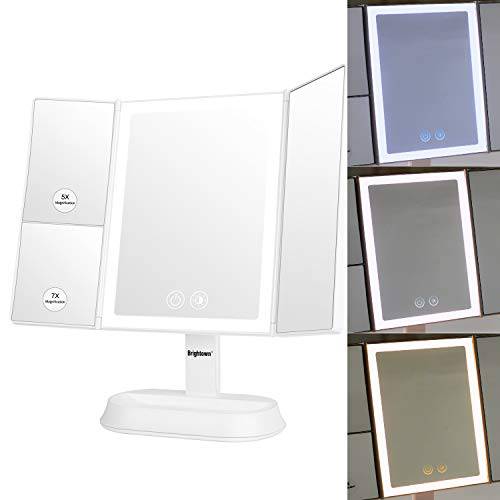 Makeup Mirror with Lights - 3 Color Lighting Modes,60 Led Lighted Cosmetic Mirror,1x 5X 7X Magnification, Touch Screen,90 Degree Adjustable Rotation, Dual Power Supply, Portable Trifold Mirror