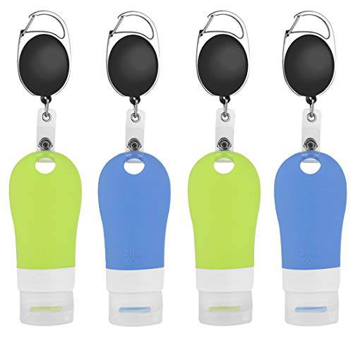 Portable Silicone Travel Bottles 4 Pack, 2oz Squeezable Empty Bottles, Refillable Travel Bottles for Toiletries, Shampoo, Cosmetic Containers with Stretchable Lanyard
