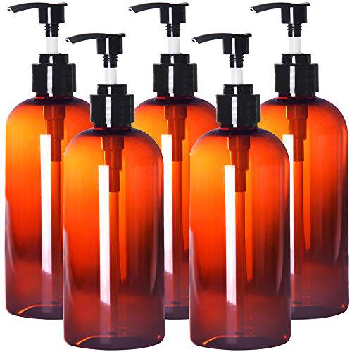 Youngever 5 Pack Plastic Pump Bottles 16 Ounce, Refillable Plastic Pump Bottles (Amber)