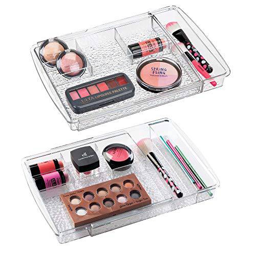 mDesign Expandable Makeup Organizer for Bathroom Drawers, Vanities, Countertops: Organize Makeup Brushes, Eyeshadow Palettes, Lipstick, Lip Gloss, Blush, Concealer - Adjustable Width, 2 Pack - Clear