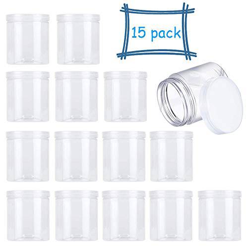 15 Pack 6oz Clear Plastic Jars Wide-mouth Storage Containers,Refillable Empty Containers for Dry Food,Dried Fruit,Seasoning and Honey Storage