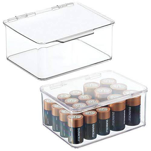mDesign Plastic Small Stackable Divided Battery Storage Organizer Box with Hinged Lid for AA, AAA, C, D, 9 Volt Sizes, Great Storage for Kitchens, Home Offices, and Utility Rooms - 2 Pack - Clear