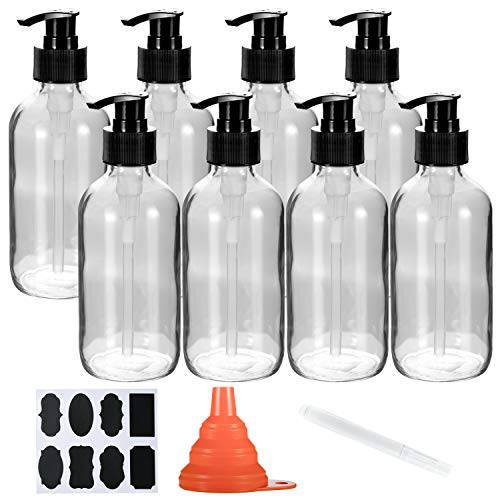 8oz 8 Pack Glass Pump Bottles, RUCKAE Clear Pump Bottle for Soap Dispenser, Empty Pump Bottle for Shampoo, Body Wash, Hand Soap, Lotion and More