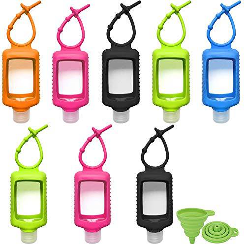 8 PCS Hand Sanitizer Holder Keychain, 60ml/2oz Empty Travel Size Bottles with Silicone Keychain, Portable Plastic Leakproof Squeeze Bottles with Flip Cap for Hand Sanitizer Conditioner