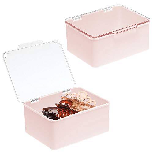 mDesign Plastic Cosmetic Storage Organizer Box Containers with Hinged Lid for Bedroom, Bathroom Vanity Shelf or Cabinet, Holds Masks, Palettes, Lotion, or Nail Polish, 2 Pack - Light Pink/Clear