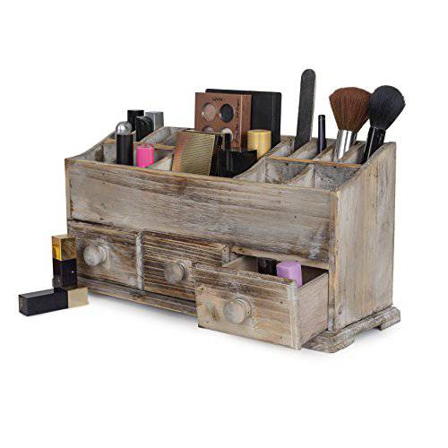 Vanity Drawer Beauty Organizer 3 Drawers - Wooden Cosmetic Storage Box for Neat & Organize Storing of Makeup Tools, Small Accessories at Home & Office Vanities & Bathroom Counter-top (Rustic)