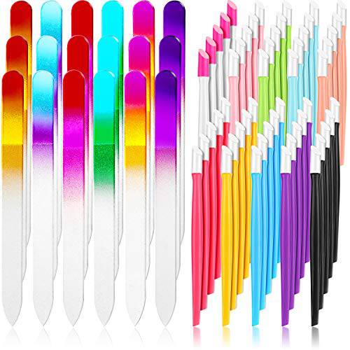 68 Pieces Nail Cuticle Pusher Rubber Tipped Nail Cleaner and Glass Nail Files Gradient Rainbow Color Buffer Double Side Nail Files Manicure Tool for Home Nail Salon
