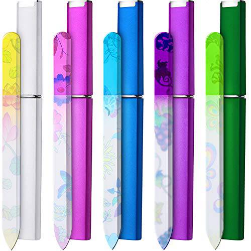 5 Pieces Glass Nail File Buffers with Cases, Colorful Printed Finger Nail Files Crystal Glass Nail Buffers Double Sided Manicure Tools for Women Men(Classic Pattern)