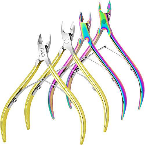 4 Packs Cuticle Nipper- Premium Stainless Steel Cuticle Trimmer for Manicure & Pedicure at Home/Spa/Salon [Gold and Rainbow Color]