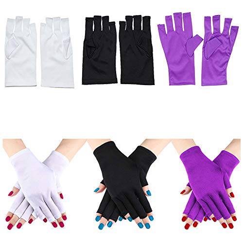 Kalolary 3 Pairs UV Shield Glove Gel Manicures Fingerless Anti UV Glove, Protect Hands from UV Light Lamp Manicure Dryer (Black, Purple, White)
