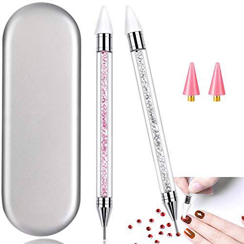 Nail Rhinestone Picker Dotting Tool with Extra 2 Wax Head, Dual-ended DIY Nail Art Tool With Pink Acrylic Handle (PINK & WHITE)