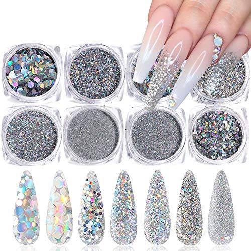 Holographic Nail Glitter Sequins Nail Art Supplies 3D Nails Glitter Flakes Shiny Acrylic Nails Powder Dust Silver Nail Glitters Set for Nails Art Decoration Sparkle Manicure Tips Charms (8 Boxes)