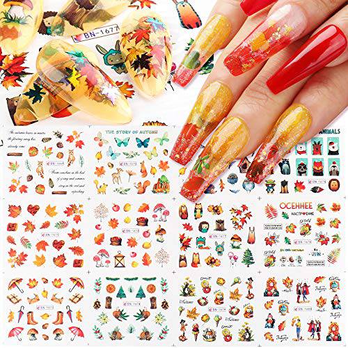 Fall Nail Art Stickers Decals Fall Nail Art Supplies Nail Foil Autumn Colors Water Transfer Nail Accessories 12 Design Maple Leaf Scarecrow Cute Animal Fall Butterfly Nail Designs for Acrylic Nails