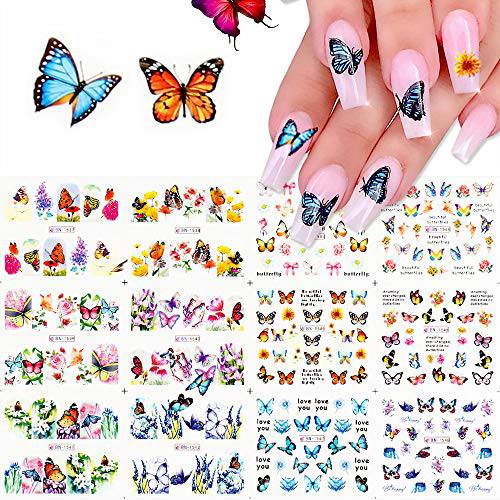 ACEDICHY Butterfly Nail Art Stickers Water Transfer Nail Decals for Acrylic Nails Decoration Flowers Butterfly Design Nail Art Manicure Tips Accessories DIY Nail Supplies
