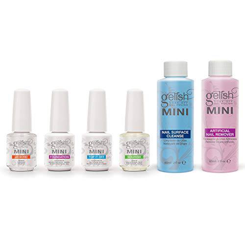 Gelish MINI Complete Basix Gel Nail Polish Prep Essentials Starter Kit with Foundation, pH Bond, Top It Off, Nourish, Artificial Nail Remover & Cleanser