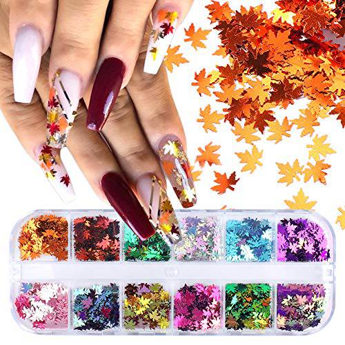 Fall Maple Leaves Nail Art Glitter Autumn Designs Nail Sequins Paillette 3D Sparkly Nail Flakes Maple Gold Holographic Nail Stickers Decals Nail Supplies Decorations Accessories Manicure Tips 12 Color