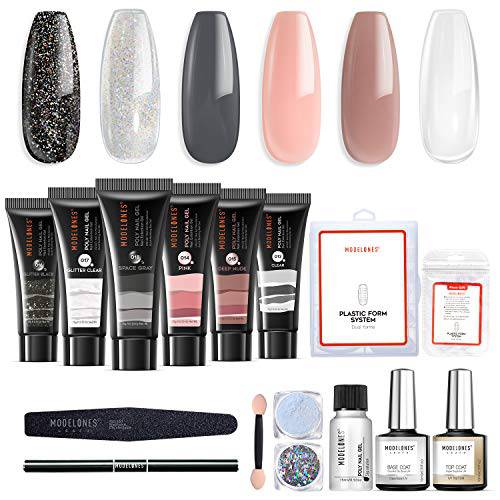 Modelones Poly Nail Gel Kit Enhancement Builder Nail Gel Nude Gray Pink Glitter Nail Extension Gel Kit with Slip Solution Trial Professional Technician All-in-One French Nail Kit Gift for Christmas New Year