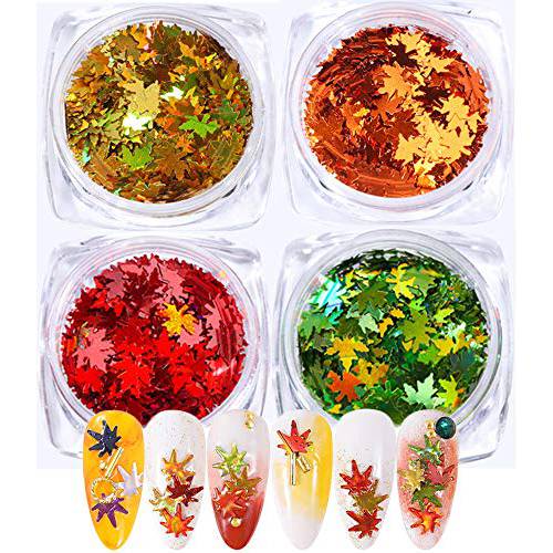 4 Boxes Fall Nail Sticker Decal DIY Colored Maple Leaf Sequins Laser Nails Art Glitters Thin Paillette Flakes Stickers Colorful Confetti Manicure Nail Art Supplies Nail Manicure Decals Decoration