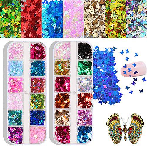 24 Color/Set 3D Butterfly Nail Art Glitter Sequins, Colorful Nail Sparkle Glitter Sticker Decals for Nail Art Make Up Decoration Accessories Manicure (Butterfly)