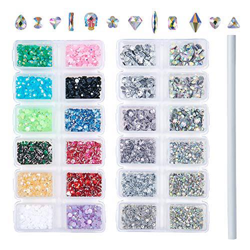 Outuxed 3196pcs Nail Rhinestones Flatback Rhinestones and Nail Gems, AB Crystal Glass Rhinestones and 3D Nail Art Charms Gems with 1 Picking Pen for Crafts (Mixed Size)