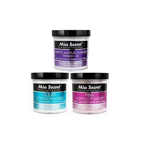 MIA SECRET 4 oz Acrylic Powder 3pc Set - Pink, Clear & White - Made in USA