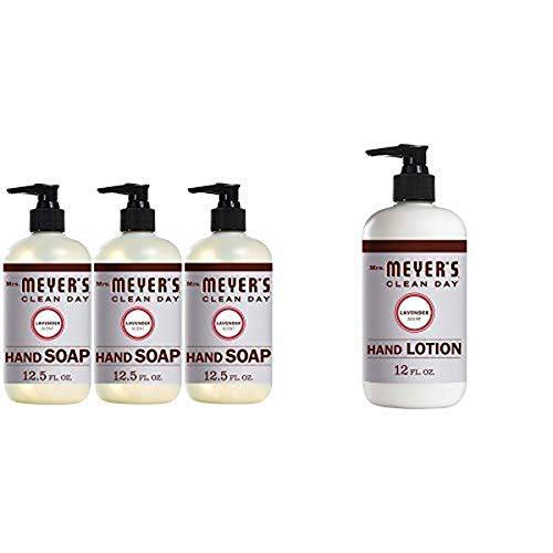 Mrs. Meyer’s Clean Day Liquid Hand Soap Bottle, Lavender Scent, 12.5 Fl Oz, Pack of 3 and Mrs. Meyer’s Clean Day Hand Lotion, Lavender Scent, 12 Ounce Bottle