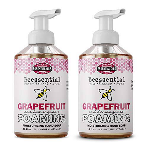 Beessential All Natural Foaming Hand Soap, Grapefruit, 16 Fl oz 2 Pack | Essential Oils, Made with Moisturizing Aloe & Honey, Made in the USA