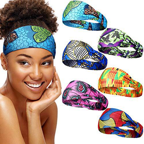SATINIOR 6 Pieces African Headband Boho Print Headband Yoga Sports Workout Hairband Elastic Twisted Knot Turban Headwrap for Women Girls Hair Accessories (Strip and Floral Prints)