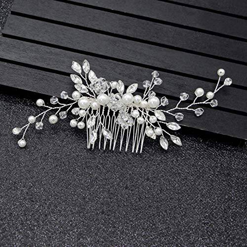 Bridal Hair Side Comb Silver For Women Wedding Girls Hair Clip Leaves Pearl Rhinestone Crystal Spray Flower Hair Accessories Floral Vintage Hair Barrette Bridesmaids Headpiece White With Gift Box Set