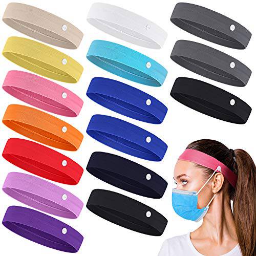 16 Pieces Elastic Headbands with Button Yoga Sports Headband Sweatband Non Slip Nurse Headbands Multicolored Ear Protection Holder for Men Women Friends (Button Style)