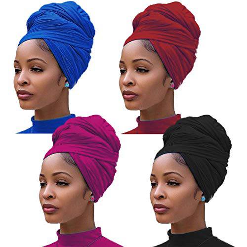 4 Pieces Stretch Jersey Turban Head Wrap Knit Headwraps Urban Hair Scarf Solid Color Ultra Soft Extra Long Breathable Head Band Tie for Women