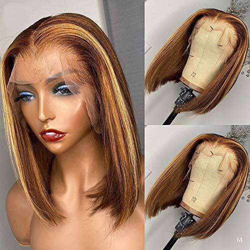 4X4 Highlight 4-27 Lace Closure Wig Short Bob Lace Front Wigs Human Hair Bleached Knots Brazilian Remy Human Hair Wigs Pre Plucked. (10inch, Density 180)