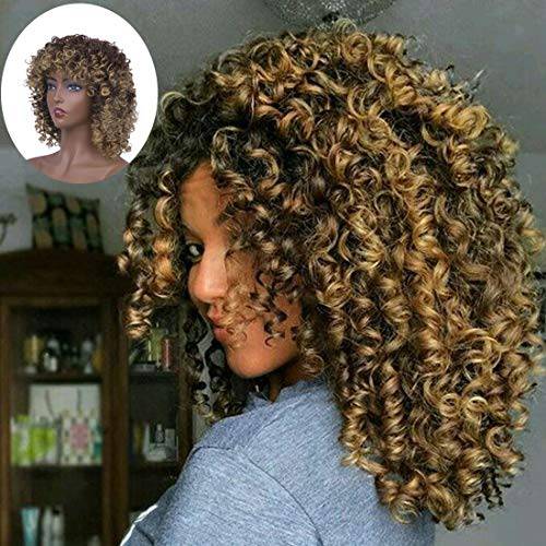 KimKSlay Black Wig Curly Afro Wigs with Bangs Shoulder Length Wig Curly Afro Kinky Curly Wig Synthetic Heat Resistant Wigs Curly Full Wigs for Black Women(Black Wig)