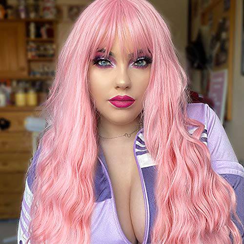 ENTRANCED STYLES Blue Wig with Bangs Long Wavy Blue Wig with Air Bangs Synthetic Wigs for Women Curly Wigs for Daily Party Cosplay (24 inch)