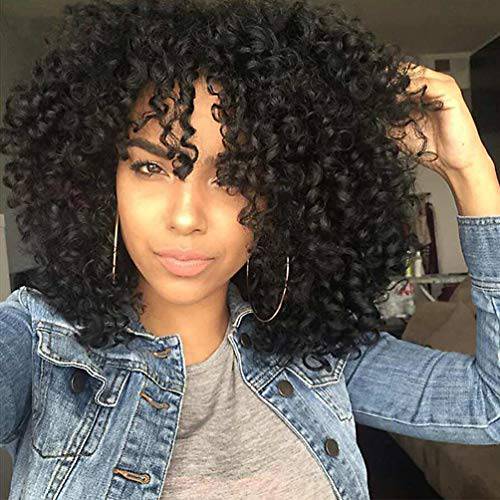rosmile Curly Wigs for Black Women - Natural Black Synthetic African American Full Kinky Curly Afro Hair Wig with Bangs