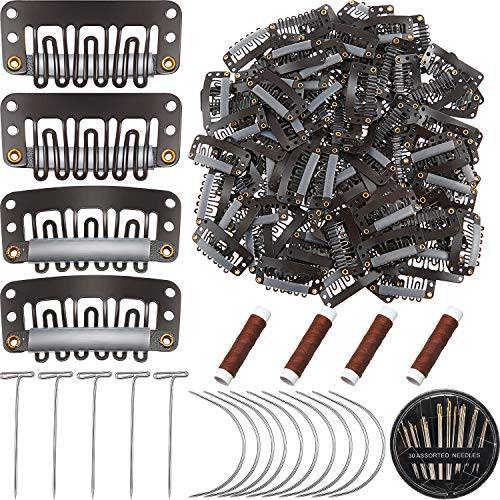119 Pieces Hair Extensions Clip Set, 6-Teeth U-Shape Snap Clips Wig Clips Metal Snap Clips, Weaving Thread, Curved Needles, T-Pins for Wig Making Hair Extension