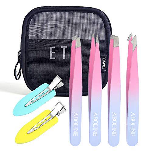 Tweezers Set, ABOLINE 4 Pack Precision Tweezers For Eyebrows,Professional Slant Tip Tweezer Set for Hair Remove with Travel Bag & Hair Clips(Black)