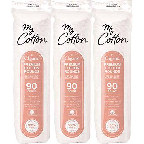 My Cotton Premium Cotton Rounds for Face (3 Pack) | Makeup Remover Pads, Hypoallergenic, Lint-Free | 100% Pure Cotton
