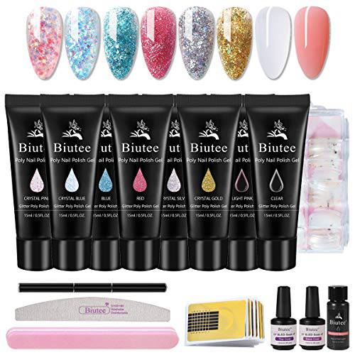Biutee Nail Extension Gel Kit, 8 Colors Glitter Poly Nail Gel Kit Builder Gel Clear Nude White Pink Nail Art Design All-in-one Starter Manicure Kit for Nails Beginner DIY Nail Art at Home