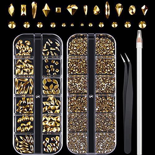 120 Pieces Multi Shapes Gems Crystals and 3000 Pieces Nail Art Rhinestones Round Flat Back Gems Diamond Stone with Rhinestone Picker Dotting Pen and Tweezer for Nail Art Craft Clothes (Gold)