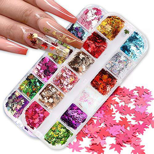 2 Boxes Fall Nail Art Glitter Flakes Maple Leaf Nail Sequins Gold Red Multicolored Holographic Autumn Leaves Nail Confetti for Women Nail Art Supplies Decorations Manicure Tips DIY Decor Accessories