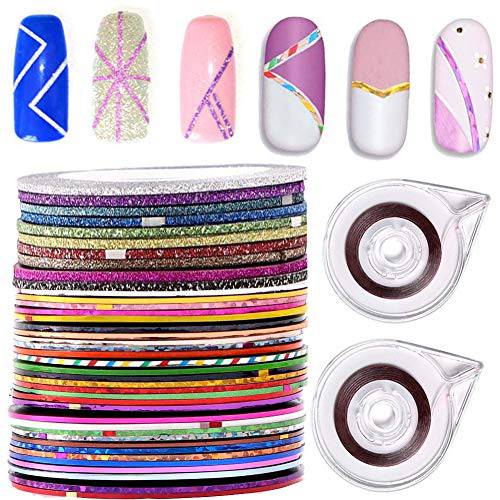 Nail Striping Tape Line 40 Rolls Multicolor Glitter Matte Texture Decal Nails Art Adhesive Sticker Foil with 2Pcs Tape Roller Dispenser Holder