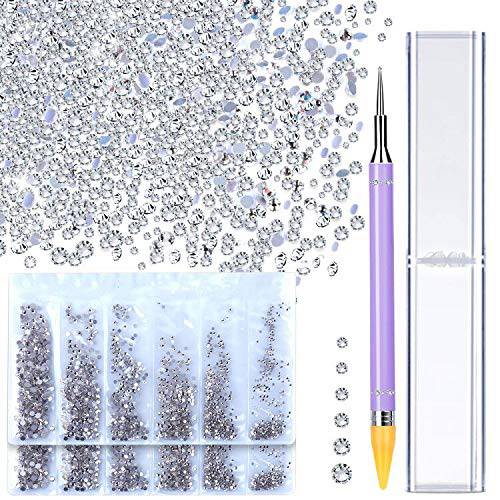 3456Pcs Crystal Rhinestones With Wax Pen Picker, Teenitor 6 Mixed Sizes Round Glass FlatBack Nail Crystals Diamonds Glue On Stones Gems Round Beads For DIY Craft Jewels Nail Face Makeup, Crystal clear