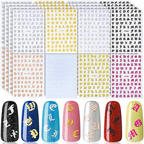 32 Sheets Holographic Letter Nail Art Sticker Old English Alphabet Nail Art Sticker Gummed Adhesive Letter Nail Decal for Women Girls Salon Home DIY Nail Decoration, 8 Styles