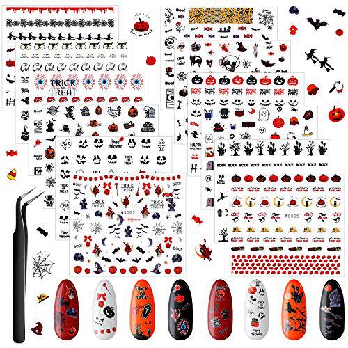 12 Sheets Halloween Nail Decals Stickers Self-Adhesive Nail Stickers Tips Witch Pumpkin Ghost Spider Nail Sticker Designs with Tweezer for Halloween Party Supplies Nails Decorations