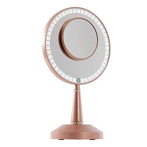 Impressions Vanity Bijou LED Hand Mirror with Charging Base, Round Shape 5X Magnifying Vanity Makeup Mirror with Touch Sensor and Adjustable Brightness (Rose Gold)