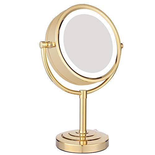 GURUN 8.5 Inch Rechargeable LED Lighted Tabletop Makeup Mirror with 10x Magnification 4000mAh Battery Double Sided Gold Finish 2208D(10x, Gold)