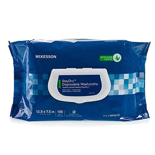 McKesson StayDry Disposable Wipes or Washcloths for Adults with Aloe, Incontinence, Alcohol-Free, Not-Flushable, 100 Wipes, 6 Packs, 600 Total
