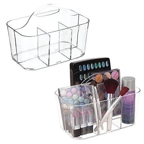 mDesign Plastic Makeup Storage Organizer Caddy Tote, Divided Basket Bin, Handle for Bathroom, Hold Eyeshadow Palettes, Nail Polish, Brushes, Shower Essentials, Small, Lumiere Collection, 2 Pack, Clear