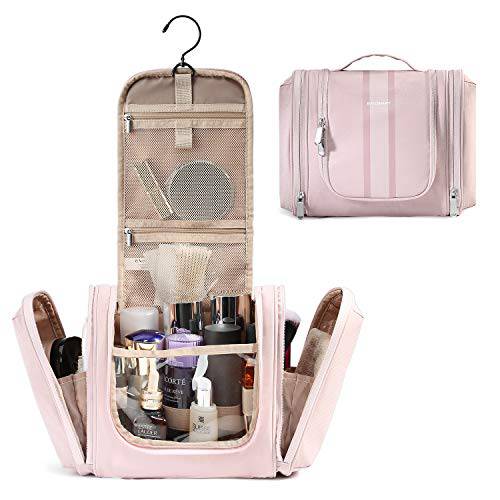 BAGSMART Toiletry Bag for Women, Travel Toiletry Organizer with hanging hook, Water-resistant Cosmetic Makeup Bag Travel Organizer for Shampoo, Full Sized Container, Toiletries, Pink